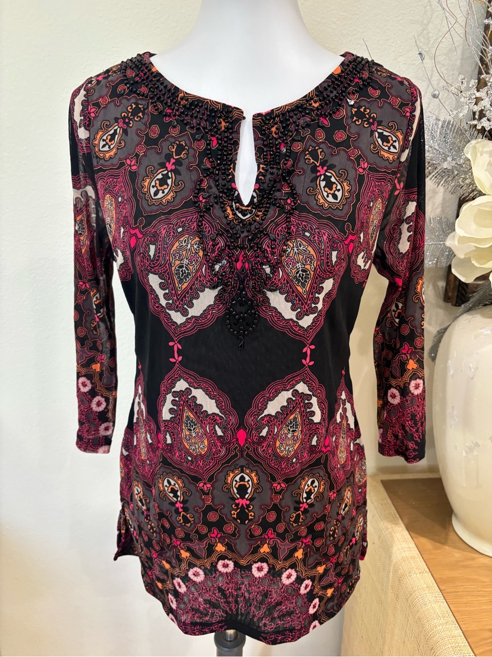 INC International Concepts Black Tunic with Pink & Orange Paisley Beading